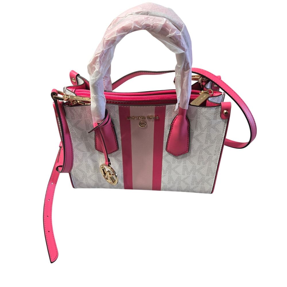 Michael Kors Mercer Small Center Stripe Satchel Crossbody Bag Pink